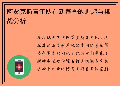 阿贾克斯青年队在新赛季的崛起与挑战分析